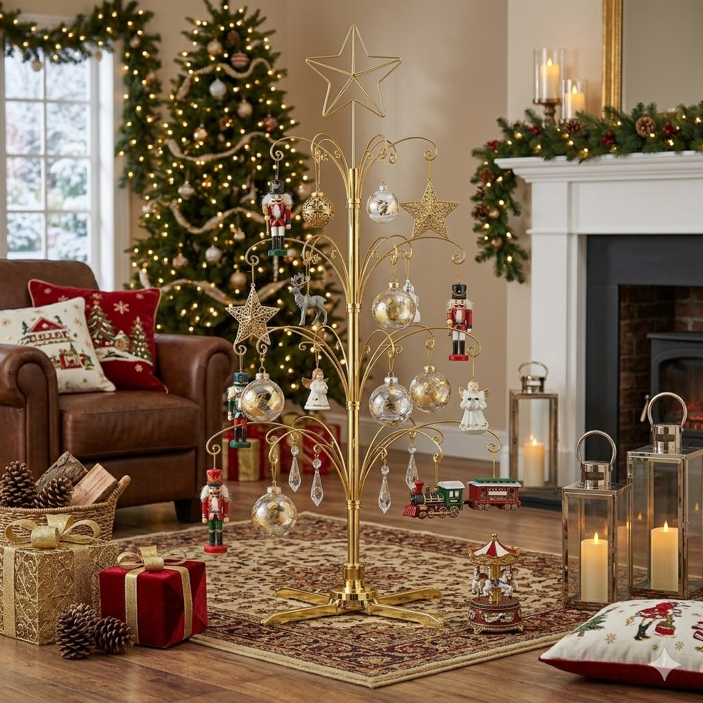 HOHIYA 74 Inch Rotating Ornament Display Tree Heavy Duty Metal Stand with 90 Hooks Large Floor Christmas Tree for Keepsake Ornaments Brass Gold